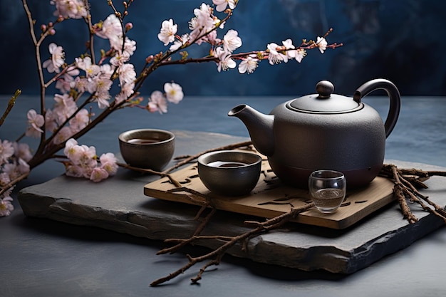 Asian tea set with teapot cups dried tea and spring branches arranged on a stone slate board for a t