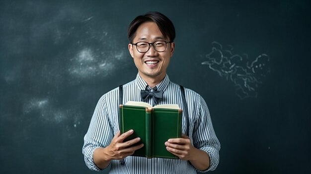 緑の黒板の背景にチョークと本を持ったアジアの教師