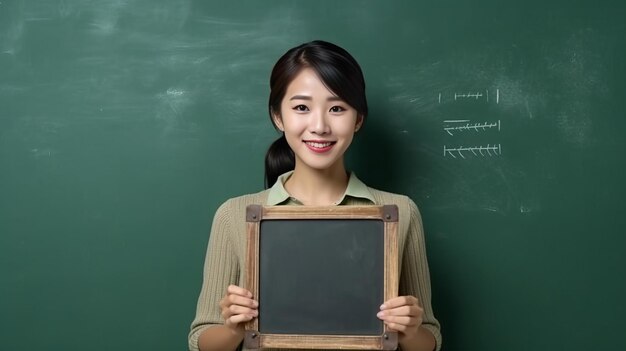 asian teacher holding chalk and book on green chalkboard background