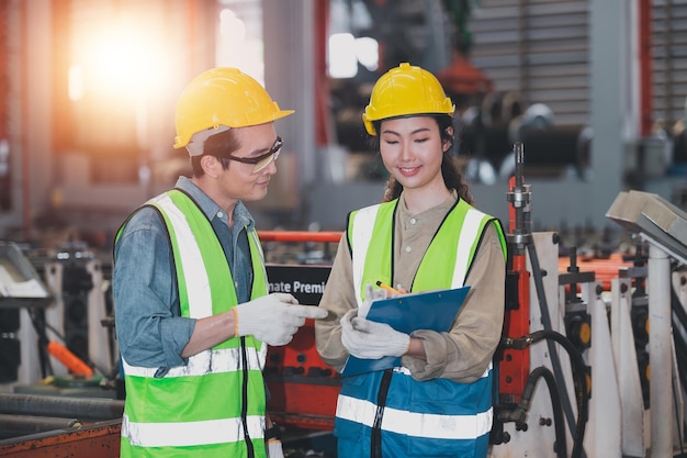 I dipendenti del team asiatico che lavorano in fabbrica il gruppo di ingegneri asiatici controlla la produzione in fabbrica industriale