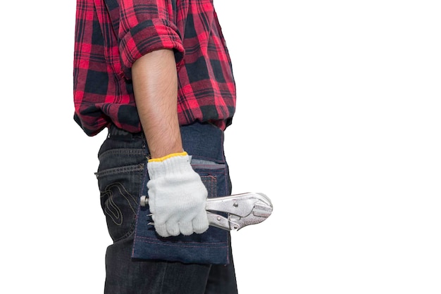 Photo asian technician with tools in hand on white backgroundthailand peoplelarbor day concept