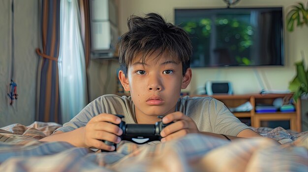 An asian teen boy playing video game at home