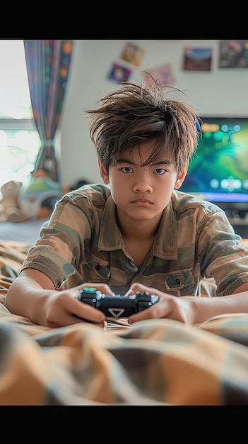 asian teen boy playing video game