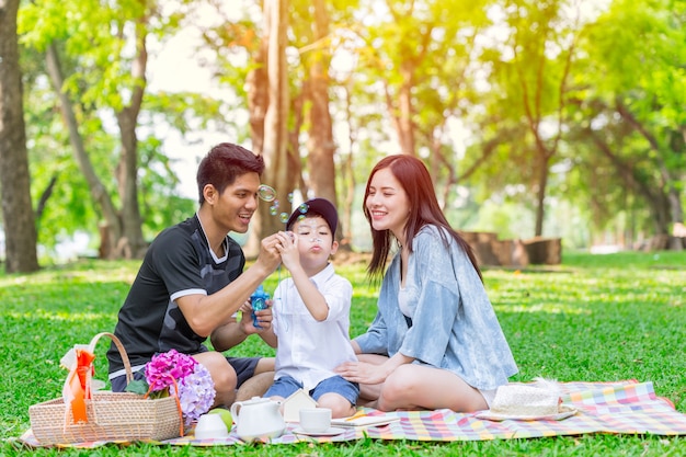 アジアの十代の家族一子供の幸せな休日ピクニック瞬間公園で