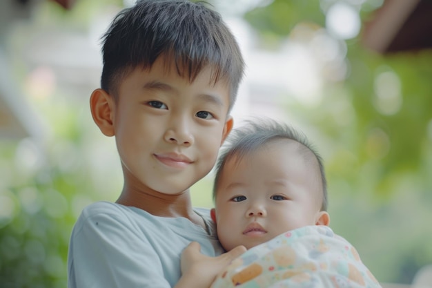 Asian Teenage Boy Bonds with Baby Brother in Summer Park