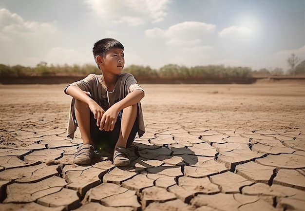 Asian teenage boy seated on cracked ground of agricultural field World drought crisis problem