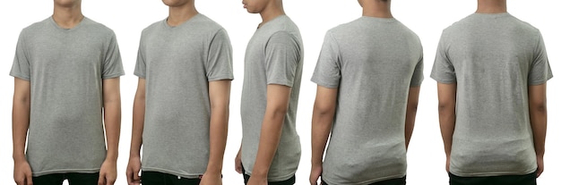 Photo asian teenage male model wearing plain heather grey tshirt mock up template front back and side