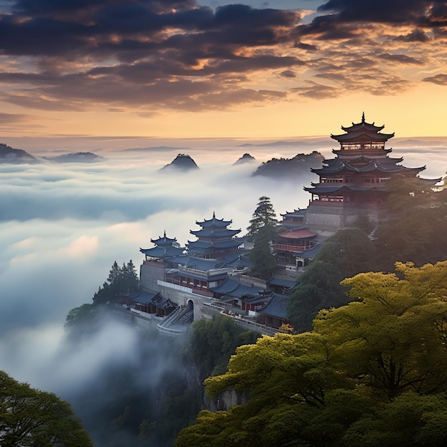 Asian temple on top of a mountain with clouds in the valley