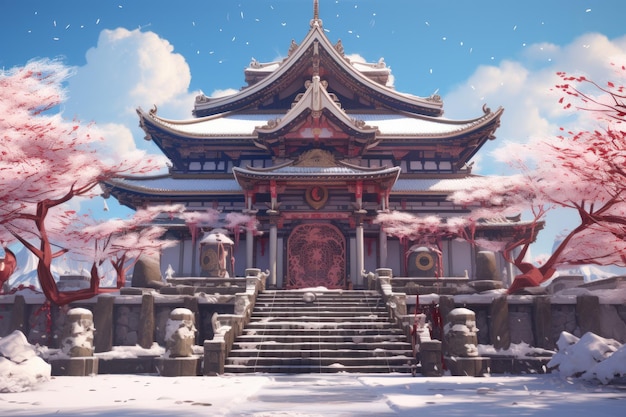 Азиатский храм в зимнем аниме визуальная роман игра Азиатская святыня Generate Ai