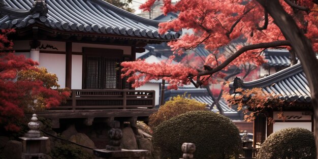 Foto tempio asiatico con fiori in autunno