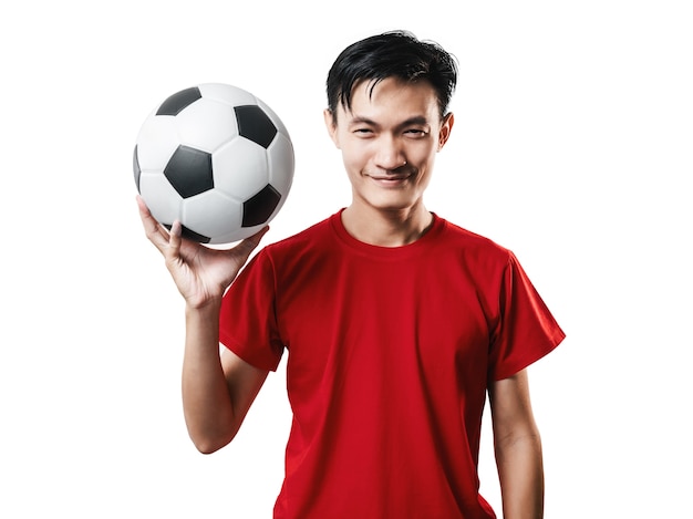 Calcio tailandese asiatico del fan di calcio della gente in camicia rossa della manica isolata su bianco.