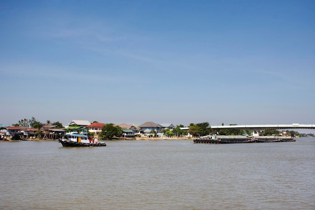 Asian thai worker people sailing barge and tugboat cargo ship delivery shipping in Chao Phraya or chaopraya river from Bangkok go to Ayutthaya old town city in Phra Nakhon Si Ayutthaya Thailand