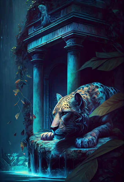 Asian tiger resting in a temple Generative AI