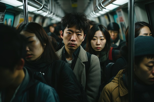 Asian tired sad man in a crowded subway train among a crowd of people