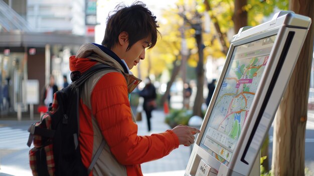 Asian tourist use digital map kiosk in touristic place in Tokio