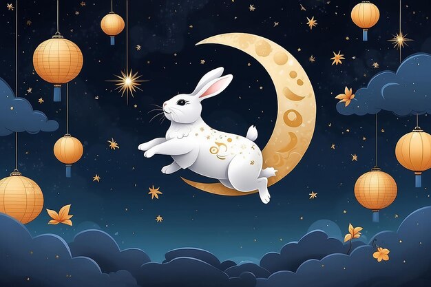 Asian traditional festival Mid Autumn Festival Jumping bunny on the moon on starry sky
