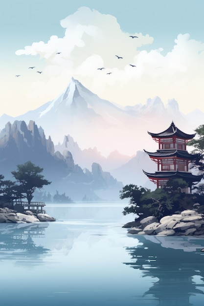 Asian traditional temple house with oriental pagoda and mountains Illustration Generative ai