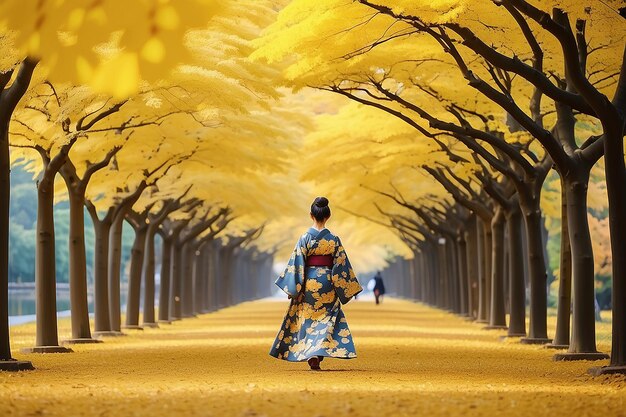 Photo asian traveller in kimono traditional dress walking in row of yellow ginkgo tree in autumn tokyo japan