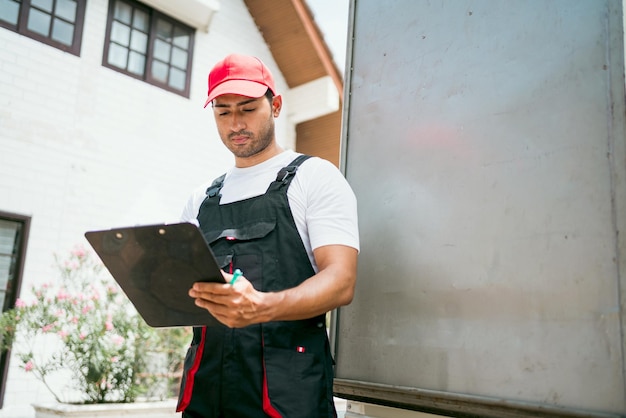 Asian truck driver wearing red cap holding a clipboard checking the delivery packages checklists or paperwork and standing with a truck Shipping cargo service freight truck and transport logistics