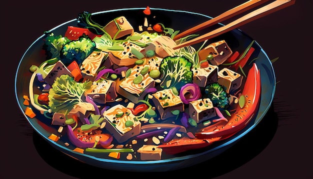 Asian vegetable stirfry with tofu digital art illustration generative AI