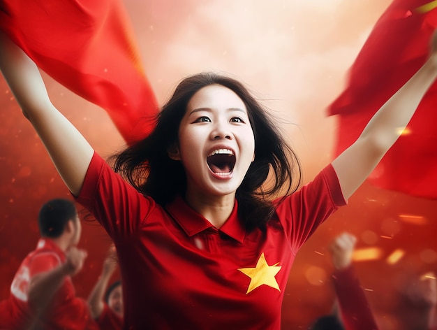 Asian Vietnamese football fans cheering at red flags background