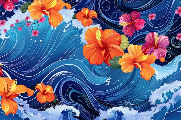 アジアの波と熱帯の花のバナー (AAPI)