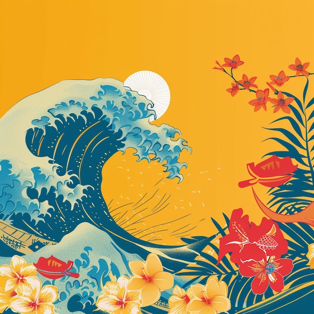 Asian waves and tropical flowers banner for AAPI in may