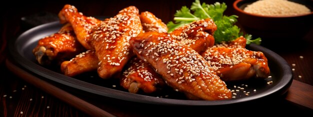 Asian wings with sesame seeds on a plate Selective focus Food