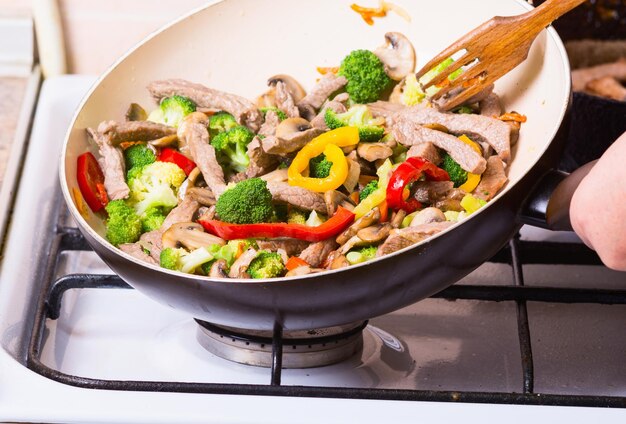 asian wok with beef and vegetable stir fry