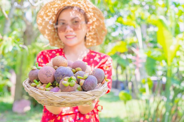 바구니에 망고 스틴을 보여주는 아시아 여자 농업