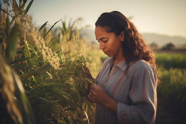 아시아 여성 농업경제학자가 밭에서 곡물의 작물을 검사하고 있습니다.