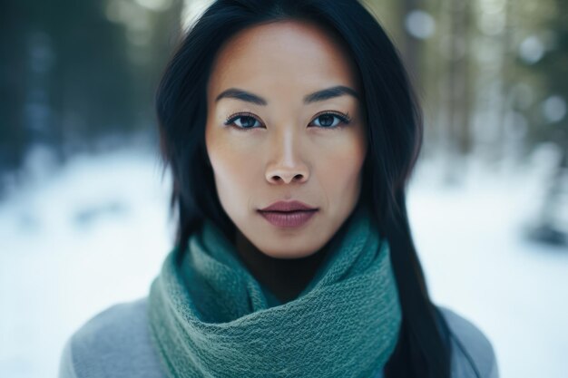 Asian woman alone in the forest during winter season