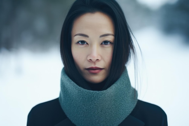 Asian woman alone in the forest during winter season