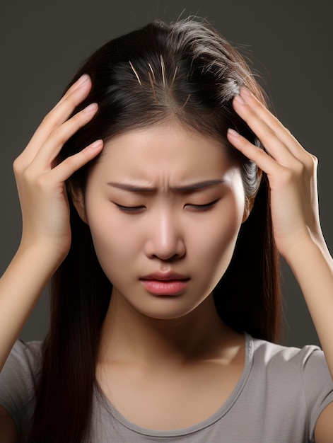 Asian woman appears to be in pain from headache