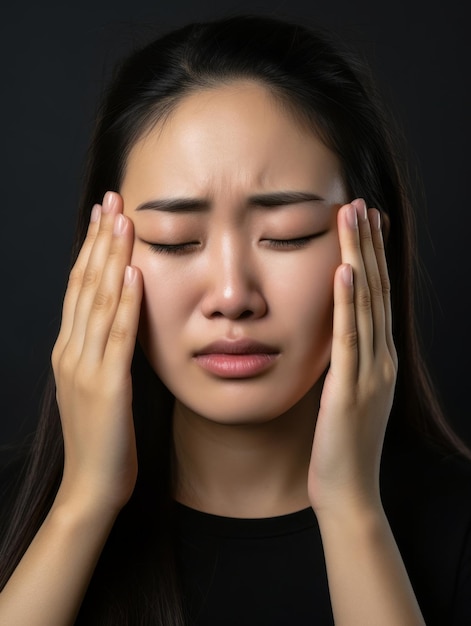 Asian woman appears to be in pain from headache