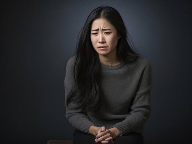 사진 아시아 여성은 회색 배경 속에서 고통을 겪고 있는 것으로 보인다