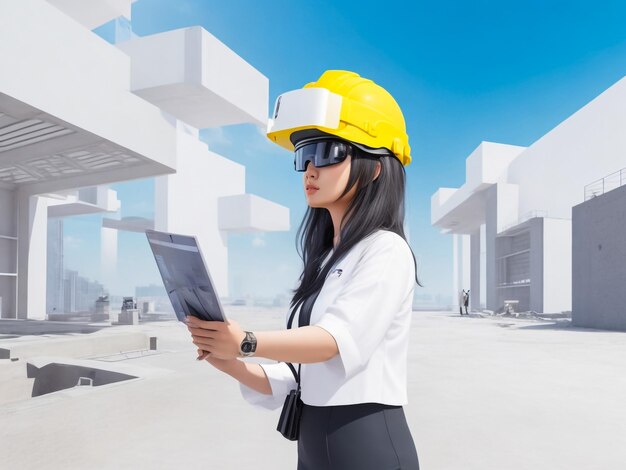 アジアの女性建築家が VR ヘッドセットを着用して BIM テクノロジーで建築設計をしています