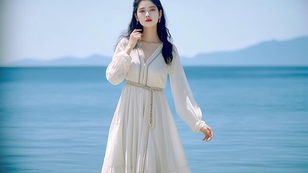 아시아 여자 아름다움 초상화 해변 긴 흰색 드레스
