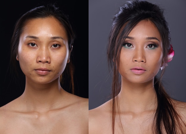 Photo asian woman before after  applying make up hair style. no retouch, fresh face with nice and smooth skin. studio lighting black gray background