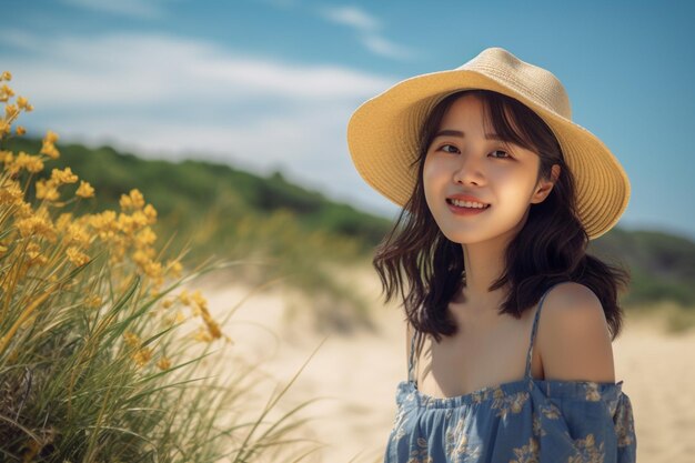 Asian woman in blue dress and straw hat standing on the beach with blue sky