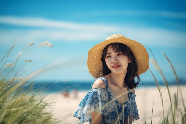 Asian woman in blue dress and straw hat standing on the beach with blue sky