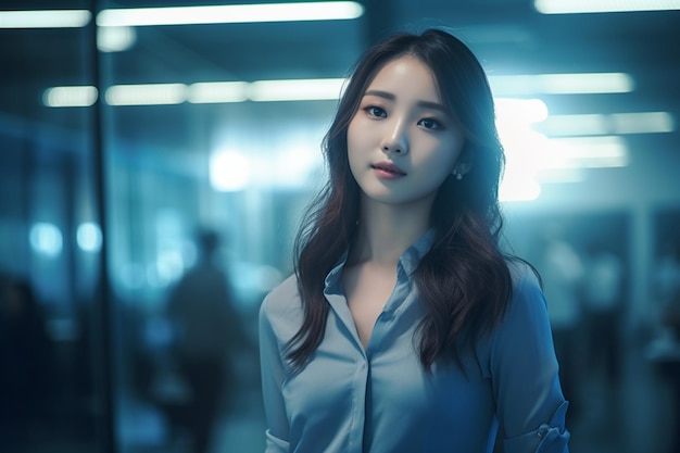 Asian woman in a blue shirt stands in a dark room with a blurry background