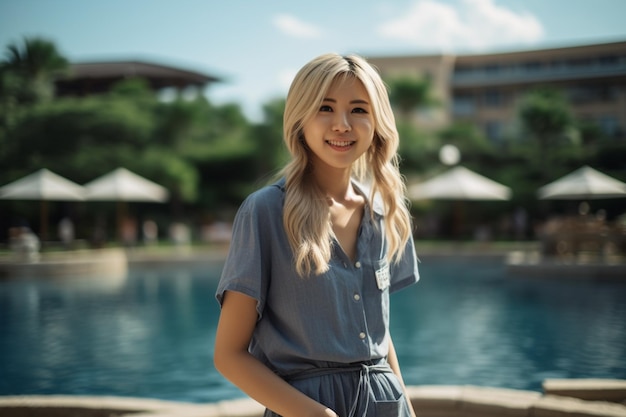 Asian woman in blue standing in front of swimming pool