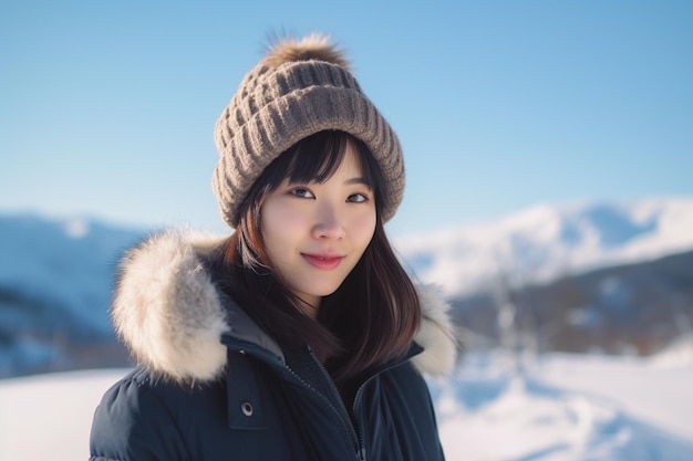 Asian woman in a blue winter coat stands in the snow with the mountains in the background