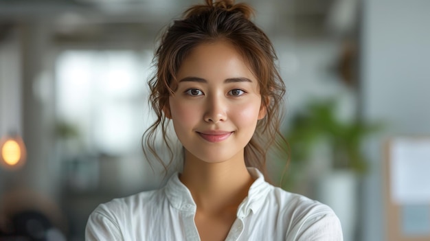 Photo an asian woman in business clothing looking confident and smiling standing against a white background wearing office clothing