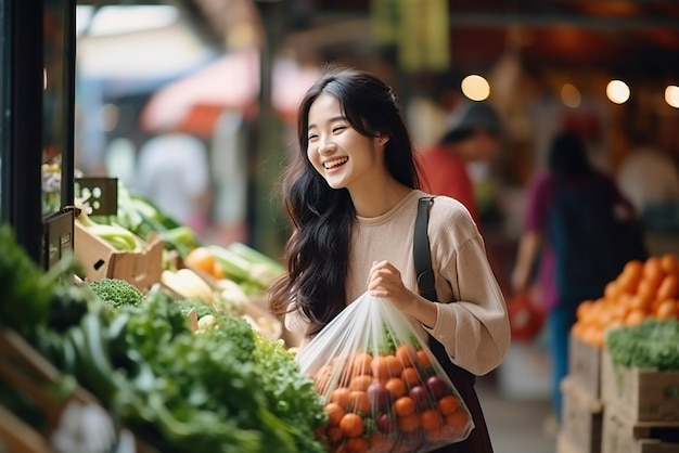 A asian woman buying fresh vegetables and fruit at market place