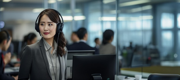 Photo asian woman in call center generative ai