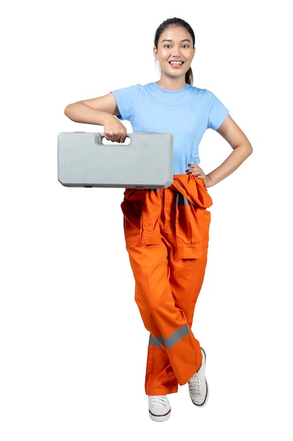 Asian woman car technician in uniform carrying car jack box