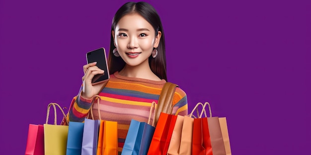 Asian woman carrying colorful bags shopping online with mobile phone