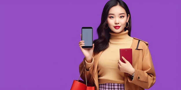 Asian woman carrying colorful bags shopping online with mobile phone